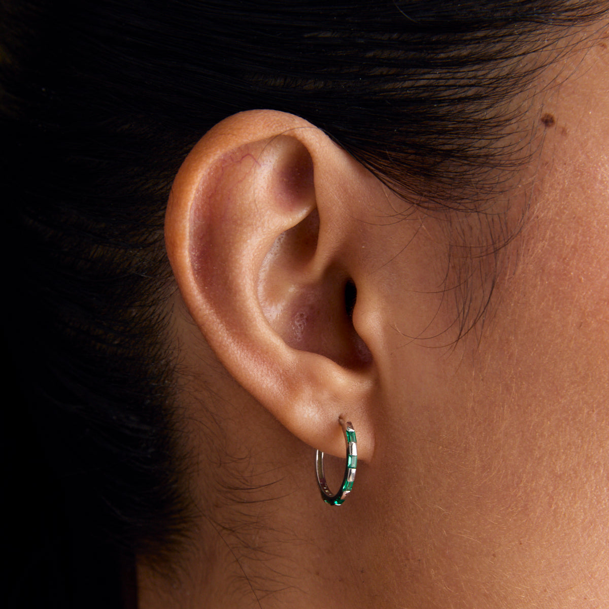 Earrings - Emerald Baguette Hoops in Solid White Gold - Hoop Earrings - Astrid & Miyu