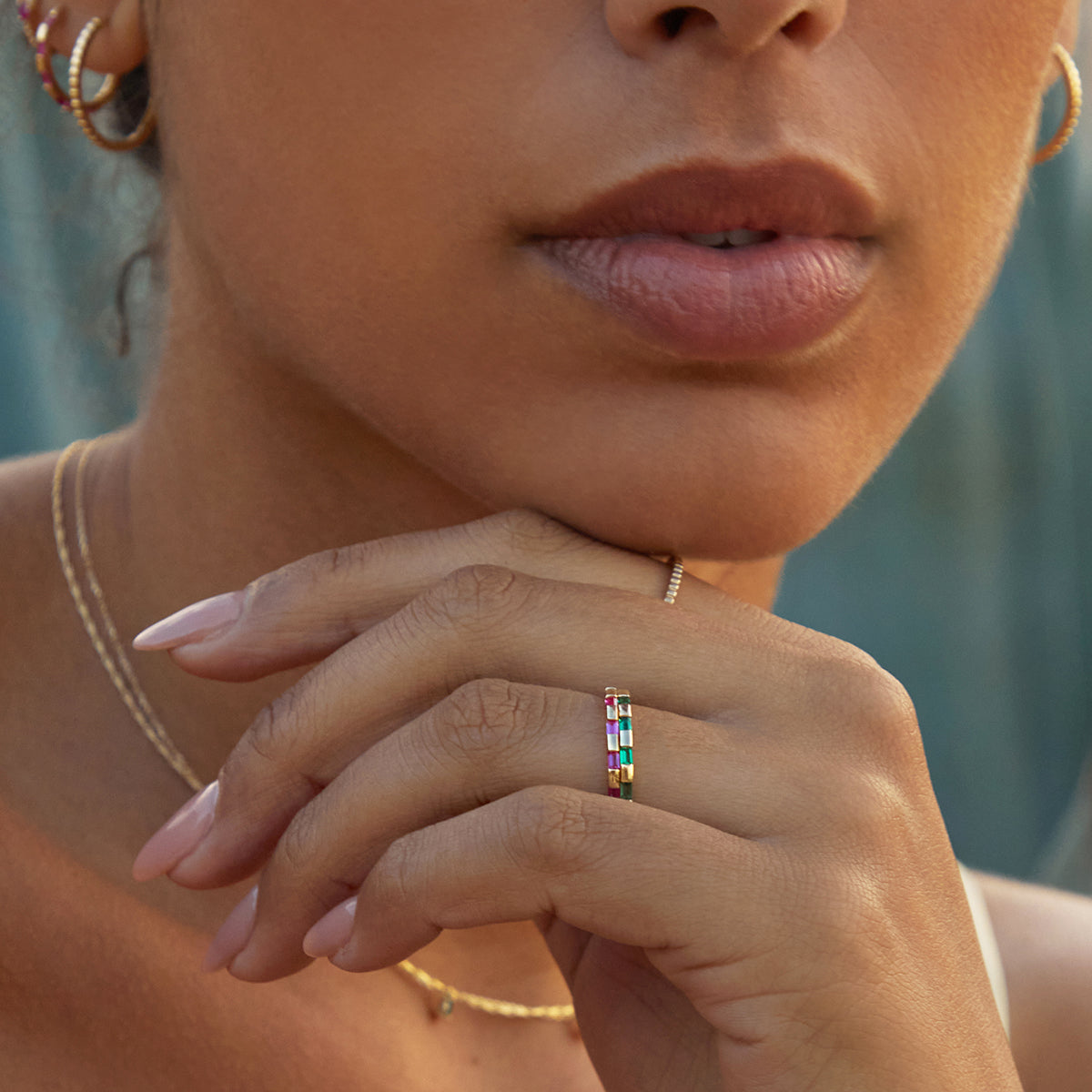 Lab-Grown Gemstones - Emerald Baguette Band Ring in Solid Gold - Band Rings - Astrid & Miyu