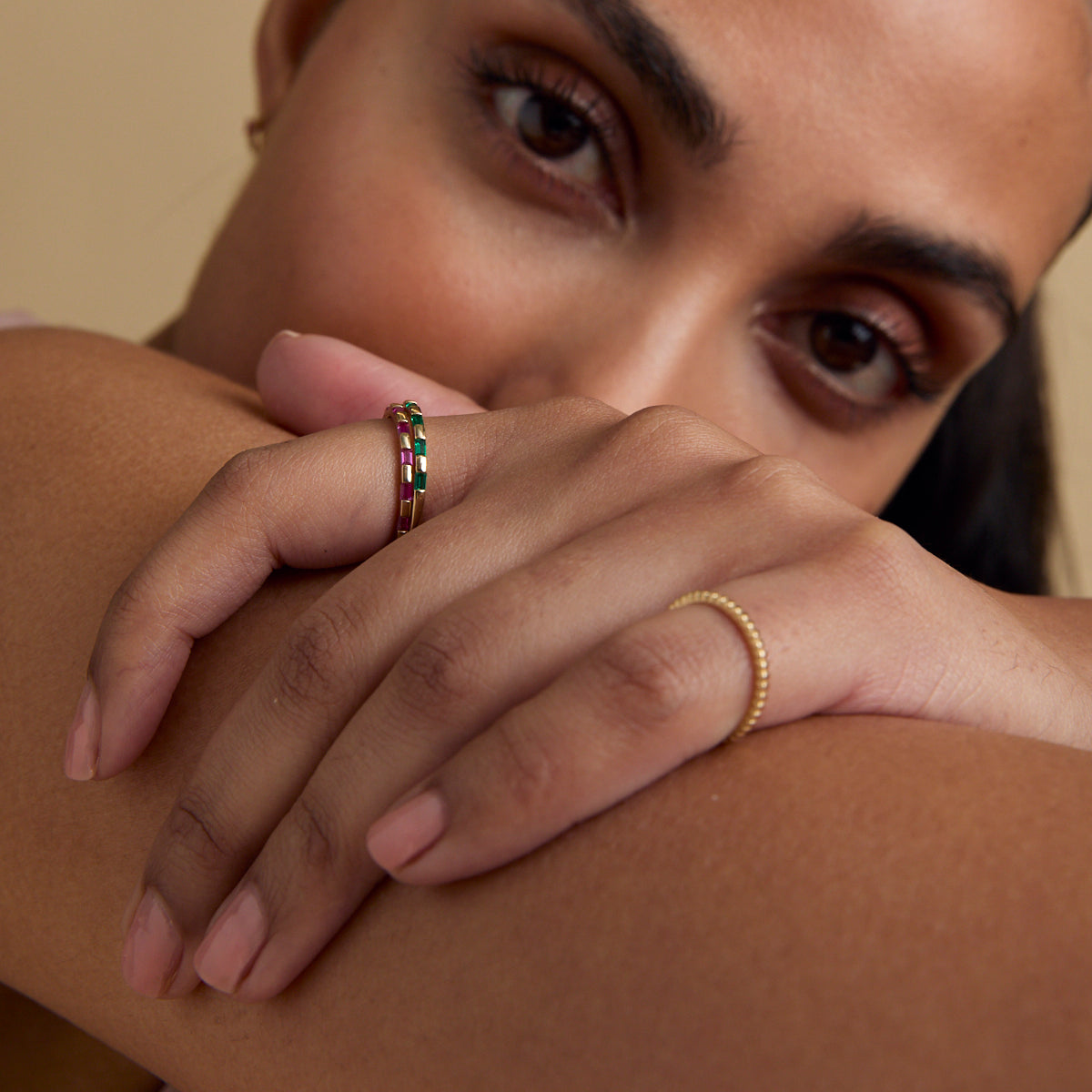 Lab-Grown Gemstones - Emerald Baguette Band Ring in Solid Gold - Band Rings - Astrid & Miyu