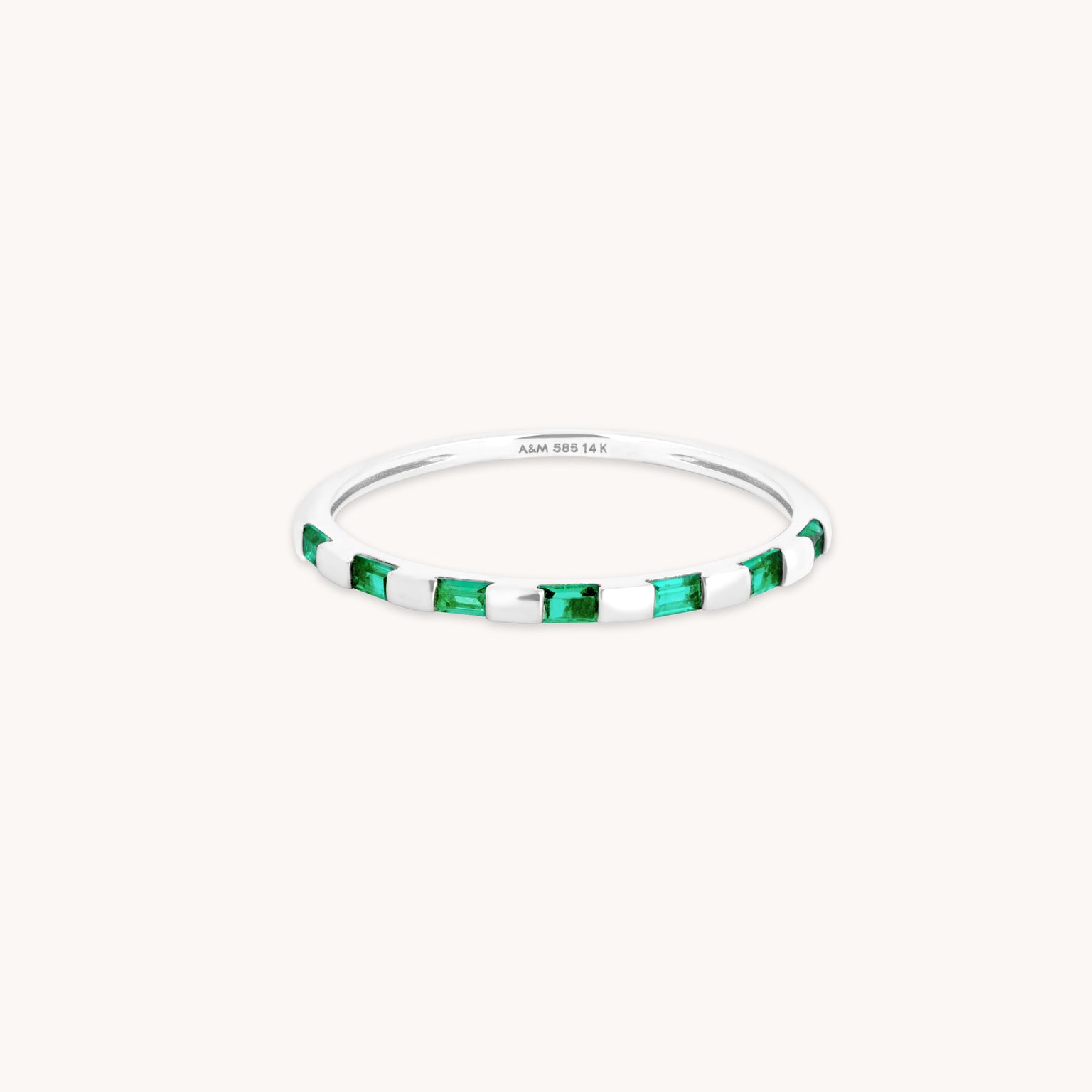 Lab-Grown Gemstones - Emerald Baguette Band Ring in Solid White Gold - Band Rings - Astrid & Miyu