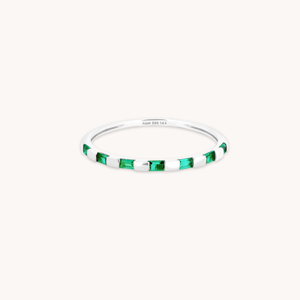 Lab-Grown Gemstones - Emerald Baguette Band Ring in Solid White Gold - Band Rings - Astrid & Miyu