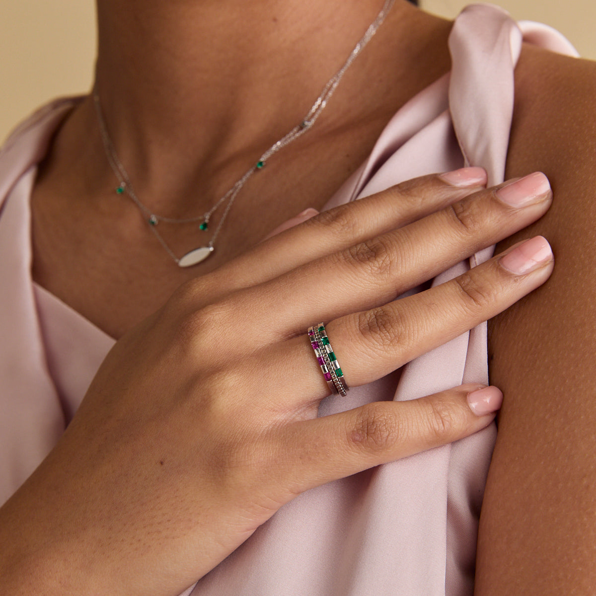 Lab-Grown Gemstones - Emerald Baguette Band Ring in Solid White Gold - Band Rings - Astrid & Miyu