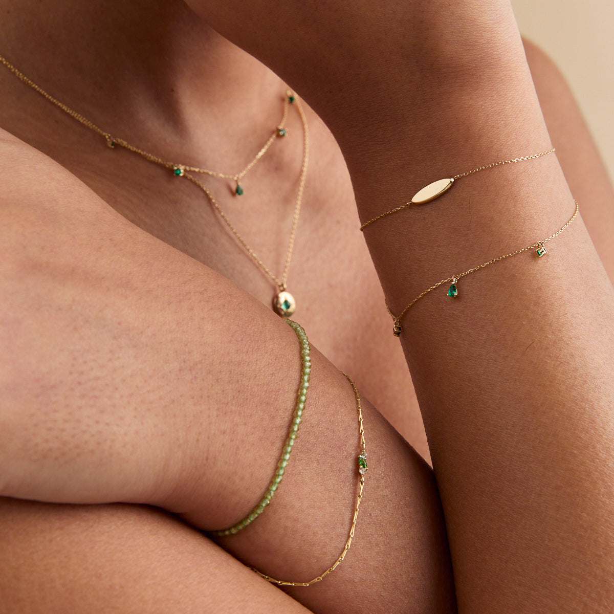 Bracelets - Emerald Charm Bracelet in Solid Gold - Charm Bracelets - Astrid & Miyu