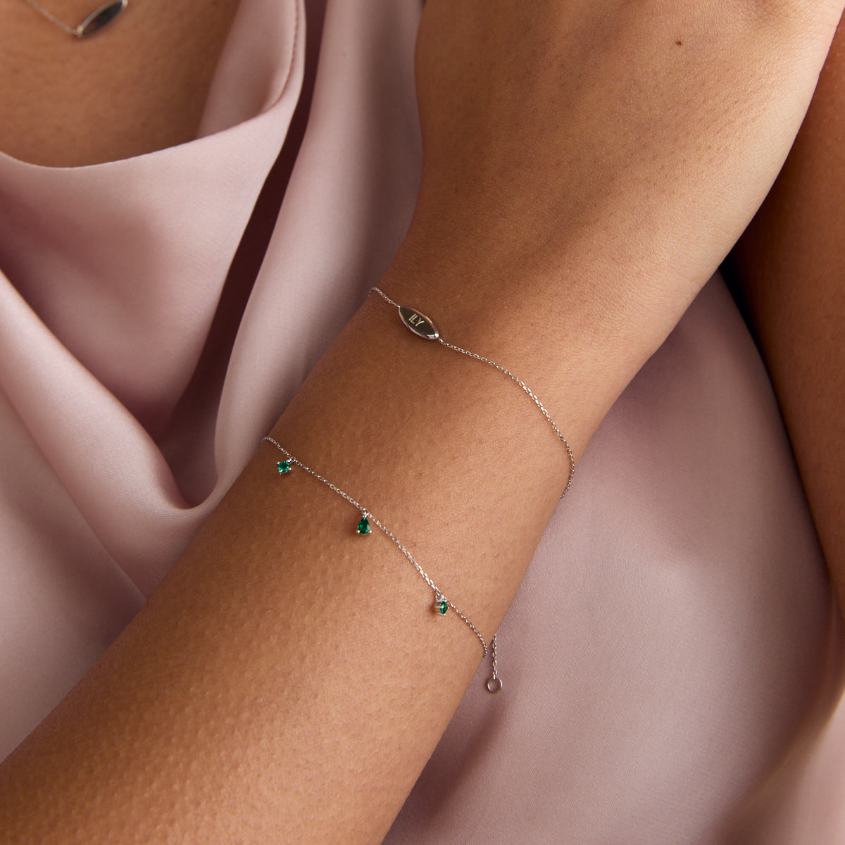 Bracelets - Emerald Charm Bracelet in Solid White Gold - Charm Bracelets - Astrid & Miyu