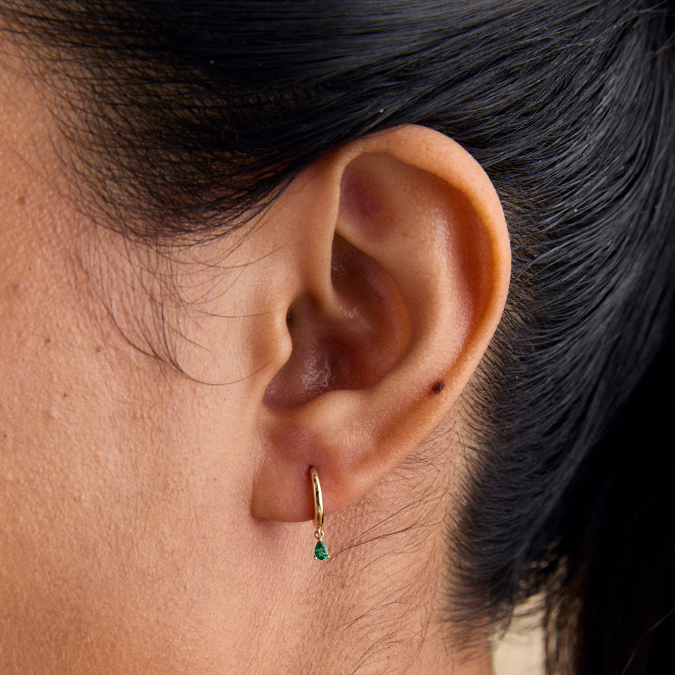 Earrings - Emerald Pear Charm Huggies in Solid Gold - Huggies - Astrid & Miyu