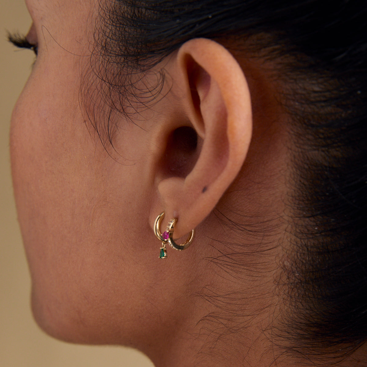 Earrings - Emerald Pear Charm Huggies in Solid Gold - Huggies - Astrid & Miyu