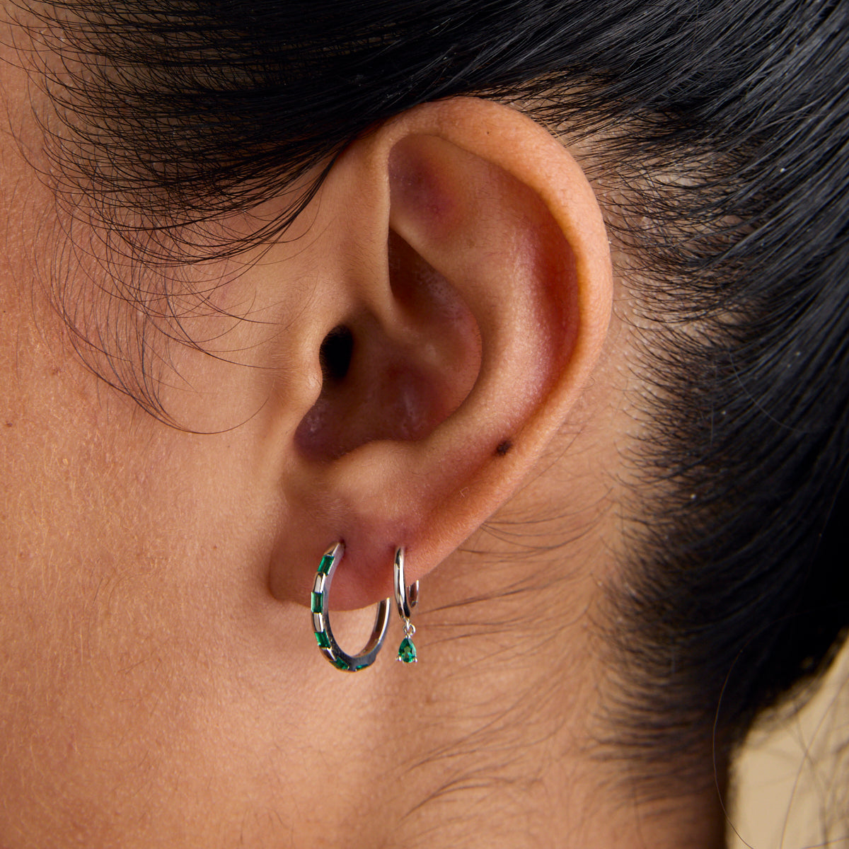 Earrings - Emerald Pear Charm Huggies in Solid White Gold - Huggies - Astrid & Miyu