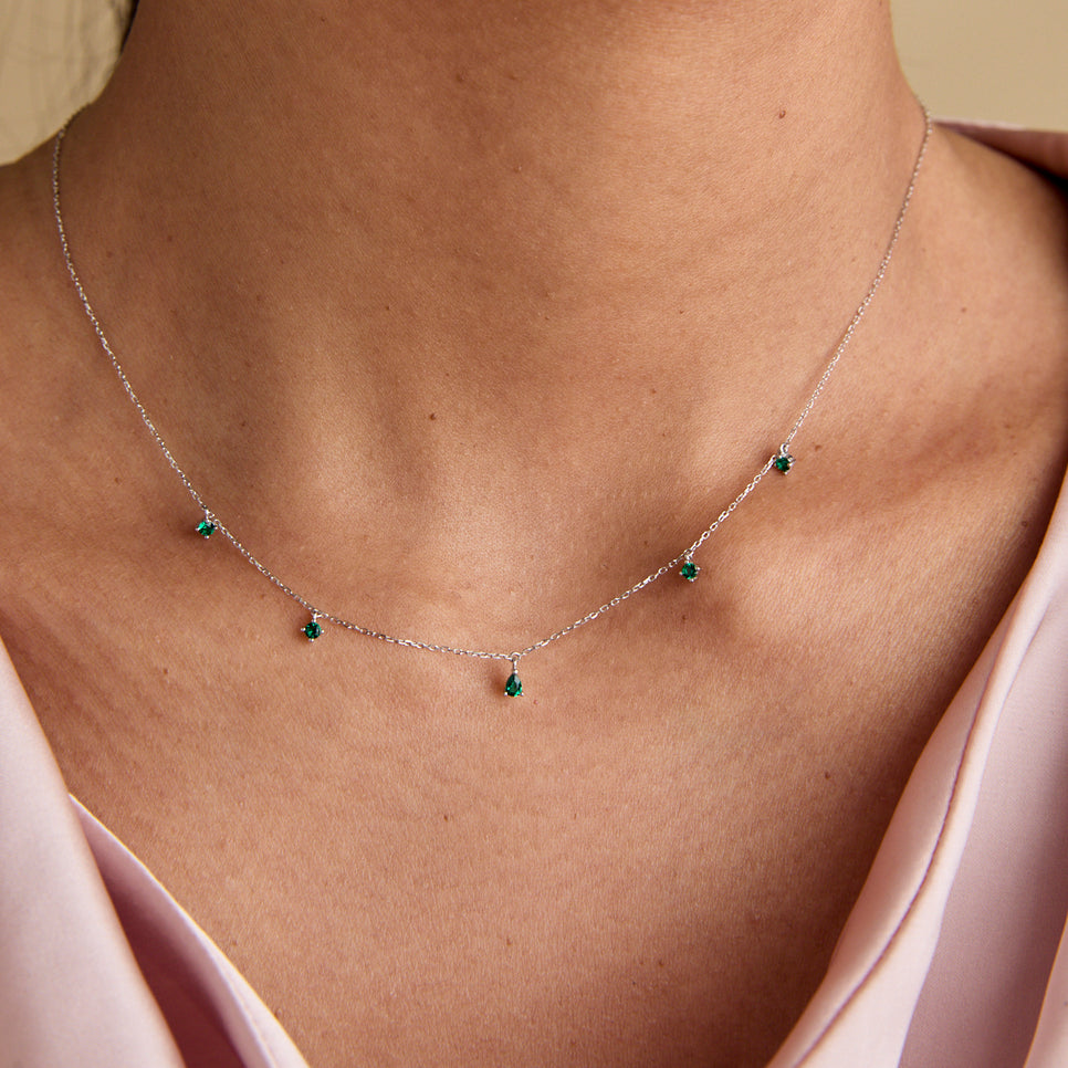 Emerald Charm Necklace in Solid White Gold