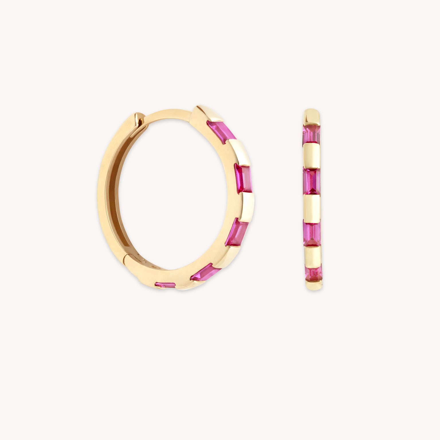 Earrings - Pink Sapphire Baguette Hoops in Solid Gold - Hoop Earrings - Astrid & Miyu