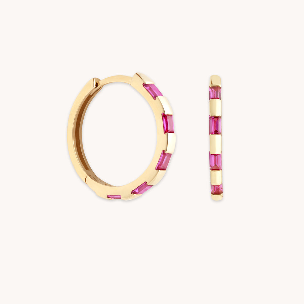 Earrings - Pink Sapphire Baguette Hoops in Solid Gold - Hoop Earrings - Astrid & Miyu