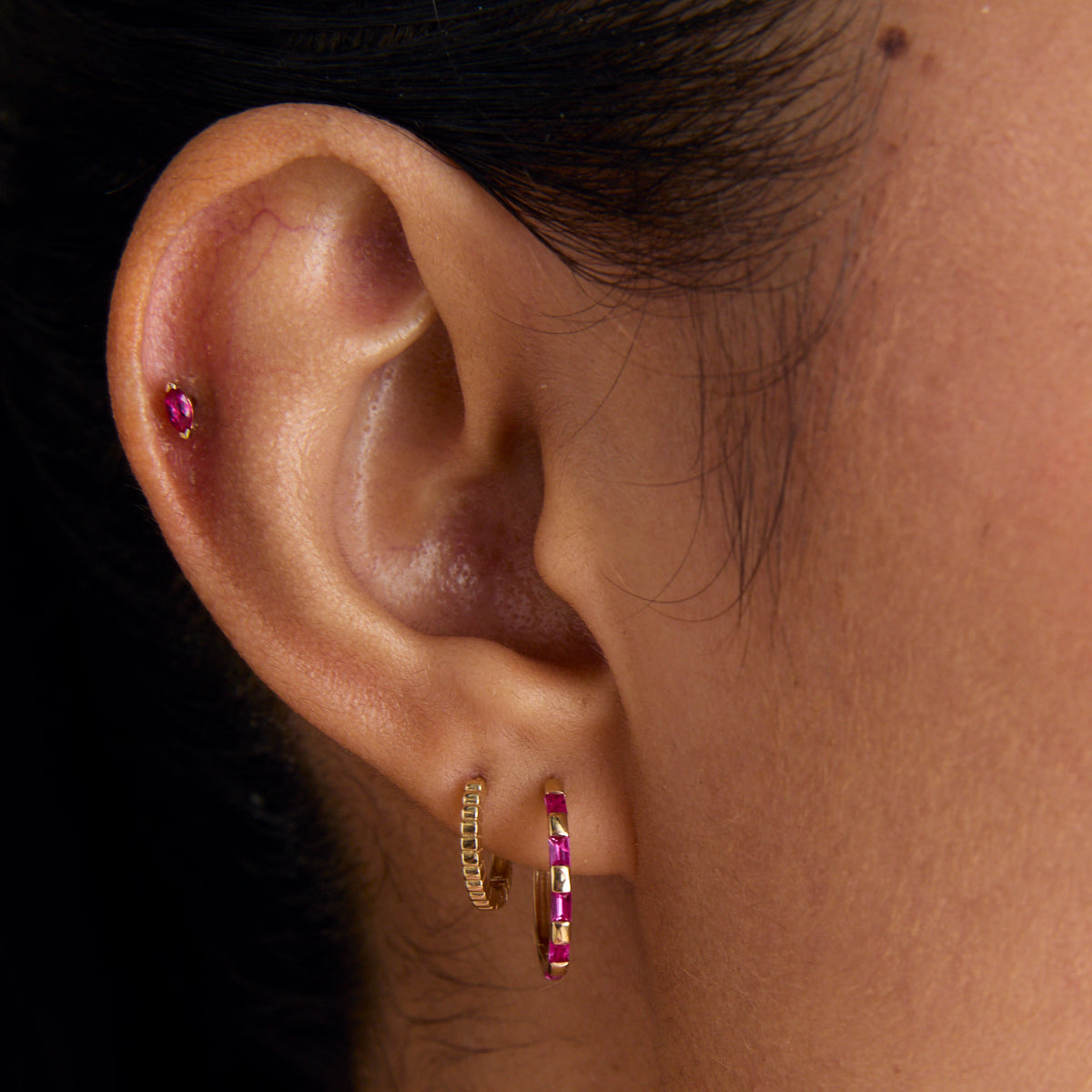 Earrings - Pink Sapphire Baguette Hoops in Solid Gold - Hoop Earrings - Astrid & Miyu