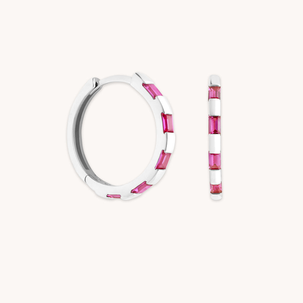 Earrings - Pink Sapphire Baguette Hoops in Solid White Gold - Hoop Earrings - Astrid & Miyu