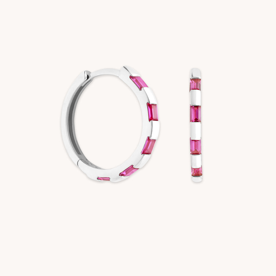 Pink Sapphire Baguette Hoops in Solid White Gold