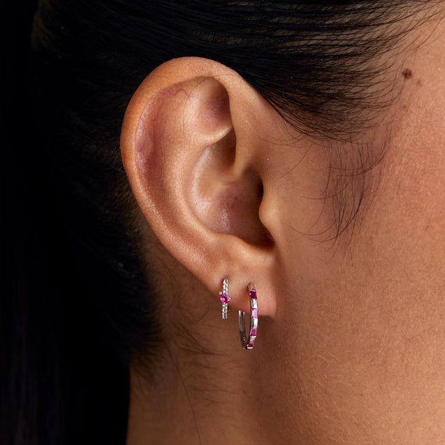 Pink Sapphire Baguette Hoops in Solid White Gold