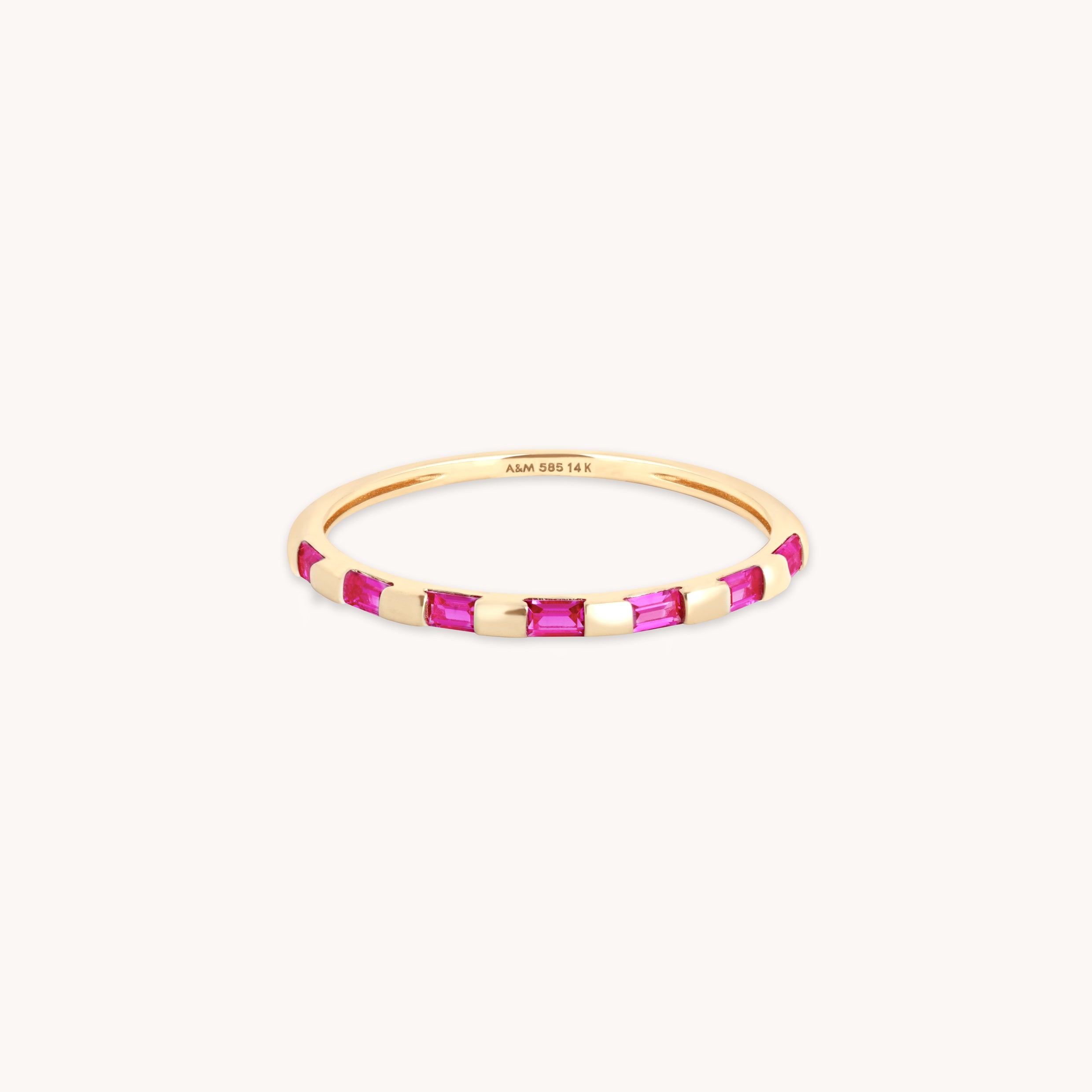 Lab-Grown Gemstones - Pink Sapphire Baguette Band Ring in Solid Gold - Band Rings - Astrid & Miyu