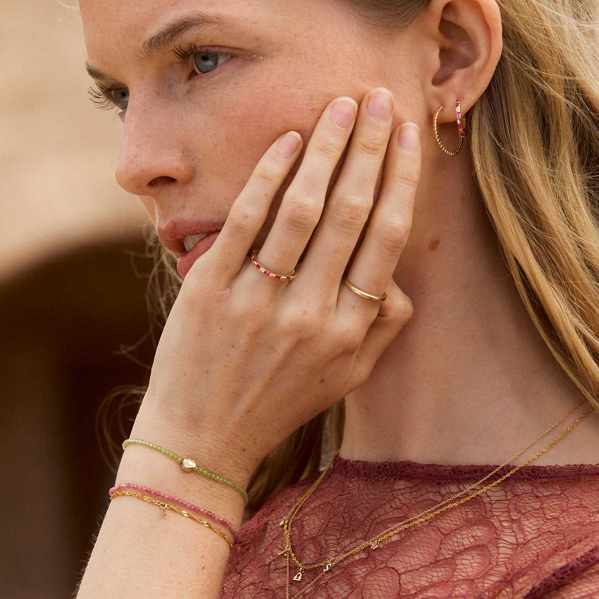 Lab-Grown Gemstones - Pink Sapphire Baguette Band Ring in Solid Gold - Band Rings - Astrid & Miyu