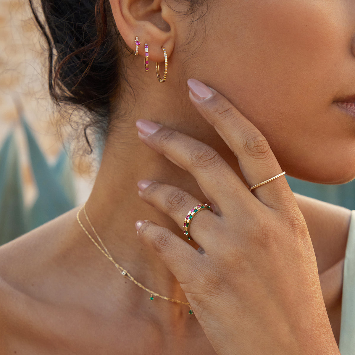 Lab-Grown Gemstones - Pink Sapphire Baguette Band Ring in Solid Gold - Band Rings - Astrid & Miyu