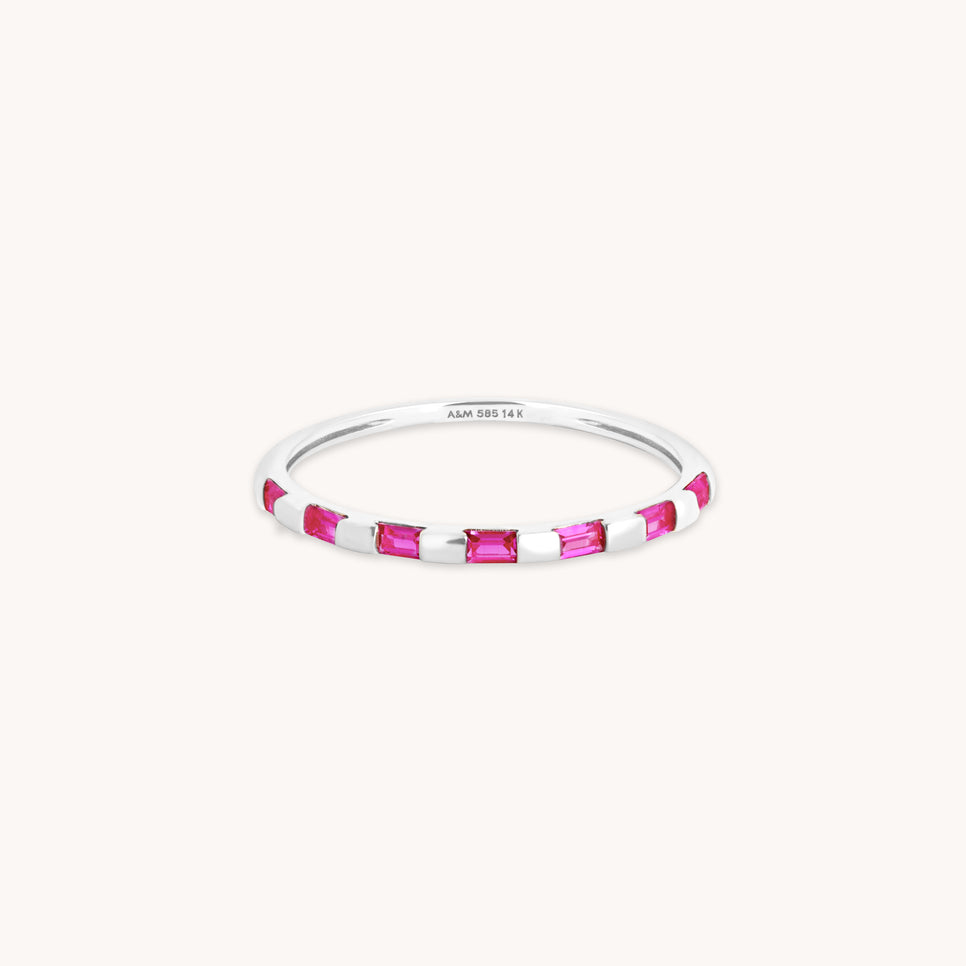 Pink Sapphire Baguette Band Ring in Solid White Gold