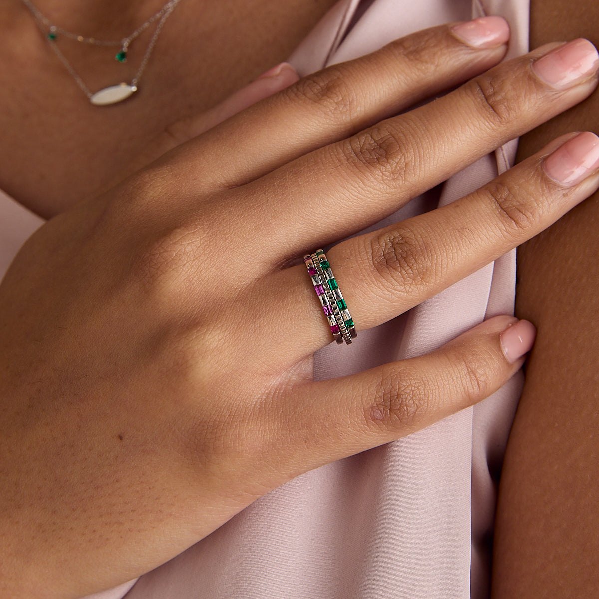 Lab-Grown Gemstones - Pink Sapphire Baguette Band Ring in Solid White Gold - Band Rings - Astrid & Miyu