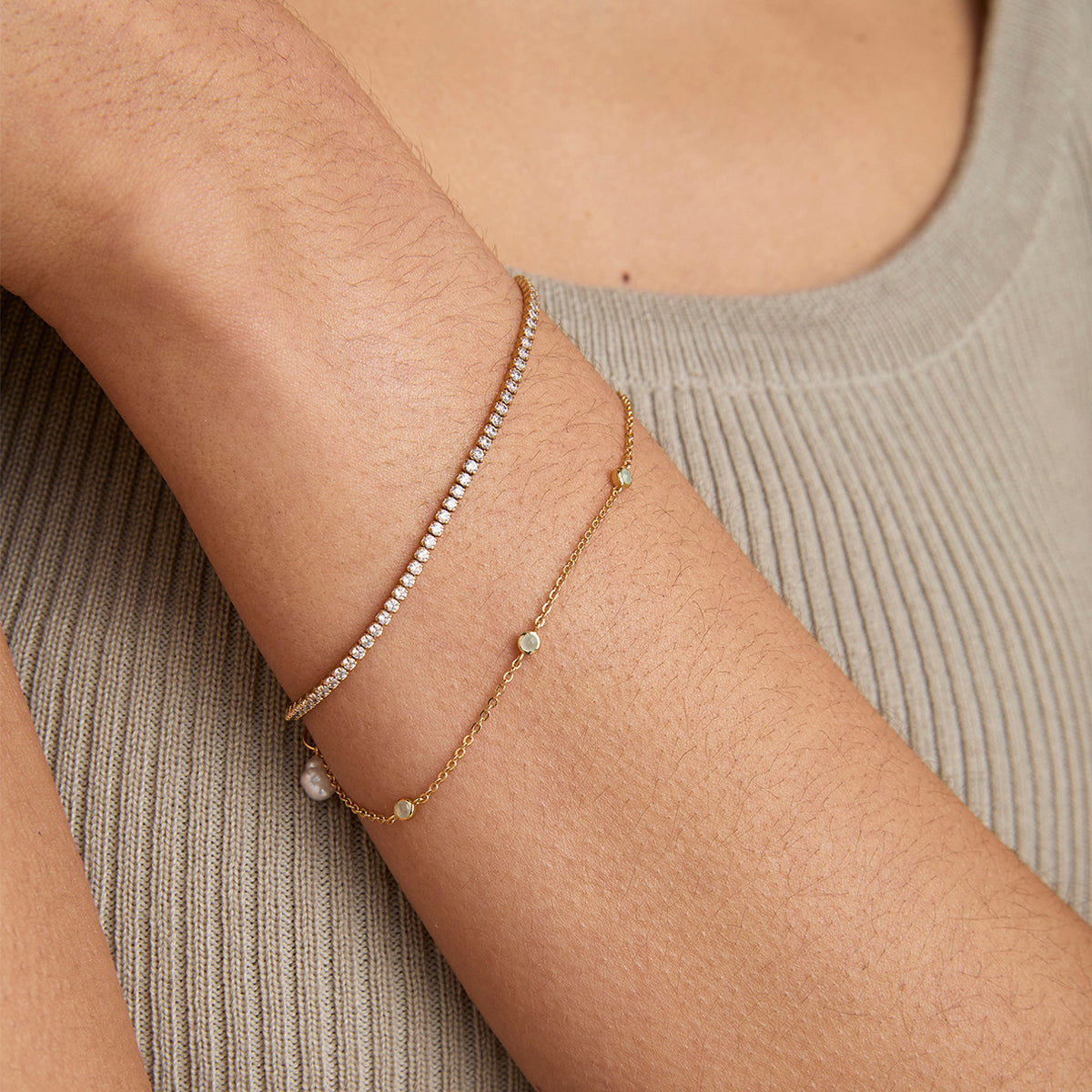 18k Gold Plated Jewellery - Aqua & Pearl Charm Bracelet in Gold - Charm Bracelet - Astrid & Miyu