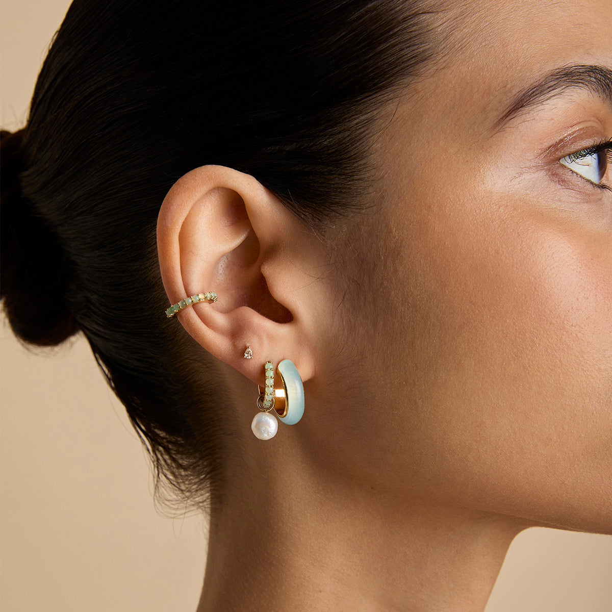 18k Gold Plated Jewellery - Aqua Chalcedony Carved Dome Hoops in Gold - Hoop Earrings - Astrid & Miyu