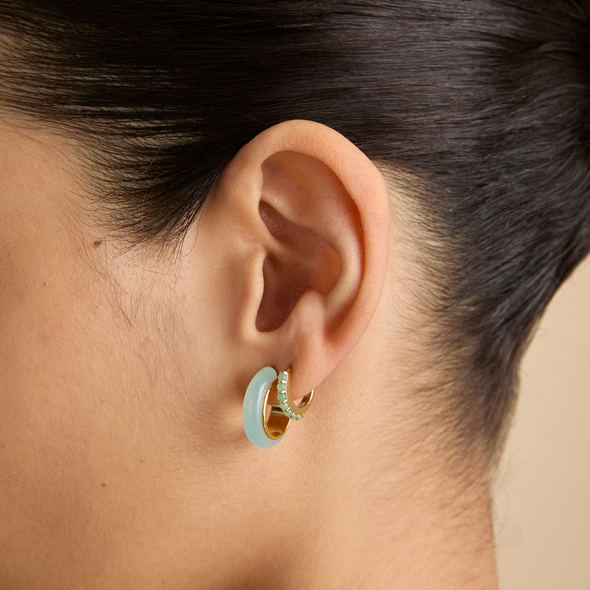 18k Gold Plated Jewellery - Aqua & Pearl Charm Huggies in Gold - Huggies - Astrid & Miyu