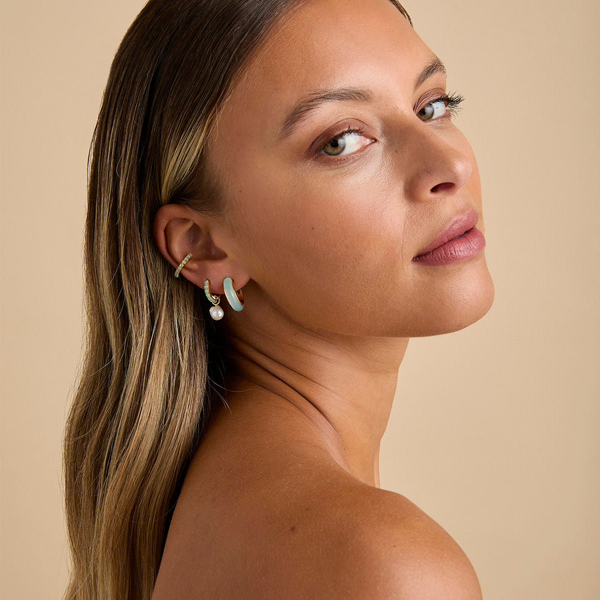 18k Gold Plated Jewellery - Aqua & Pearl Charm Huggies in Gold - Huggies - Astrid & Miyu