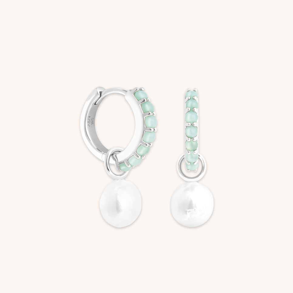 Dolce Collection - Aqua & Pearl Charm Huggies in Silver - Huggies - Astrid & Miyu