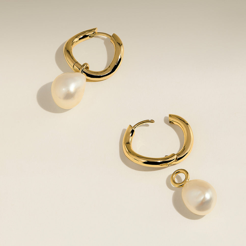 Serenity Pearl Charm Hoops in Gold