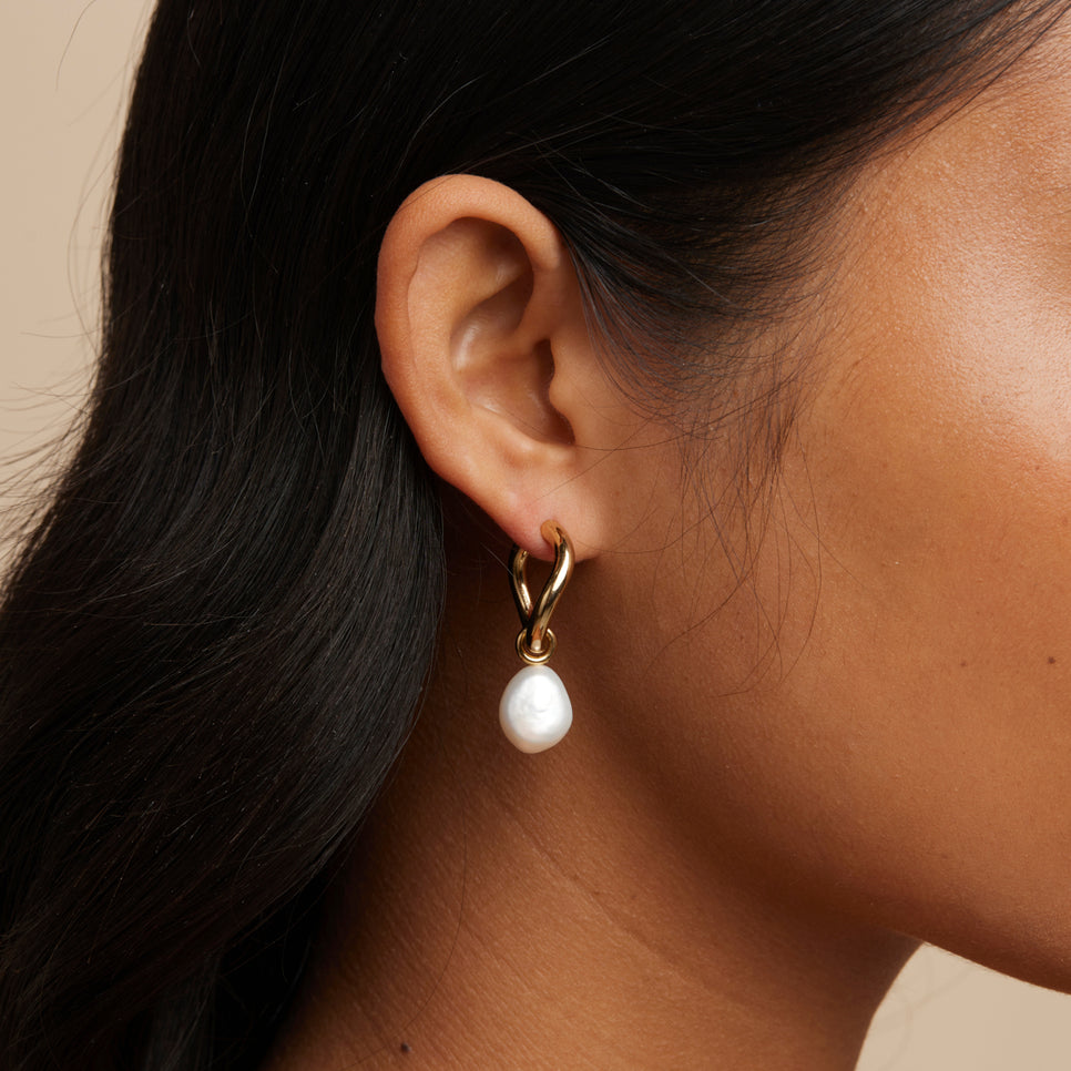 18k Gold Plated Jewellery - Serenity Pearl Charm Hoops in Gold - Hoop Earrings - Astrid & Miyu