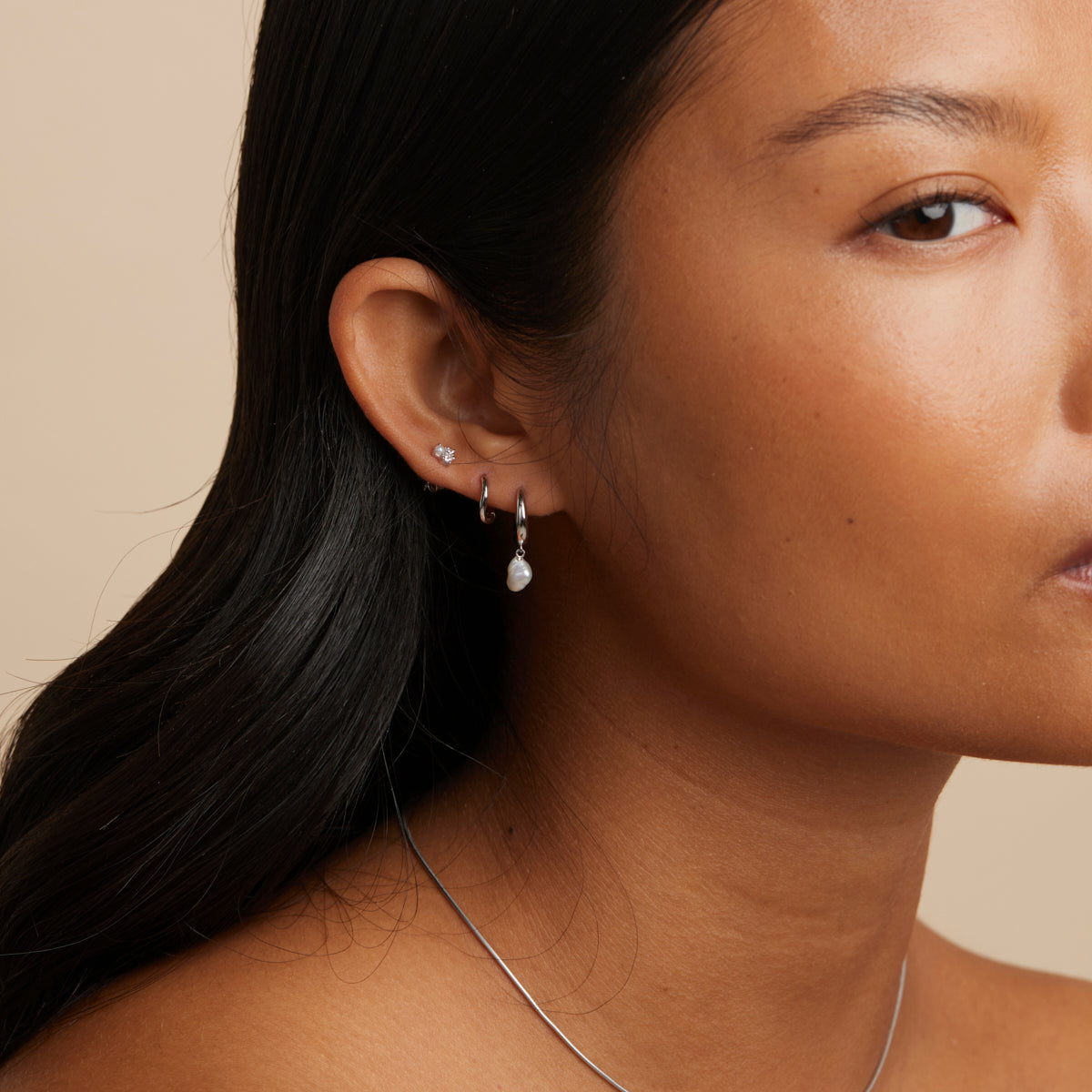 Earrings - Pearl Charm Huggies in Silver - Huggies - Astrid & Miyu