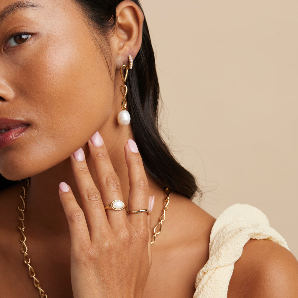 18k Gold Plated Jewellery - Infinite Pearl Drop Studs in Gold - Stud Earrings - Astrid & Miyu