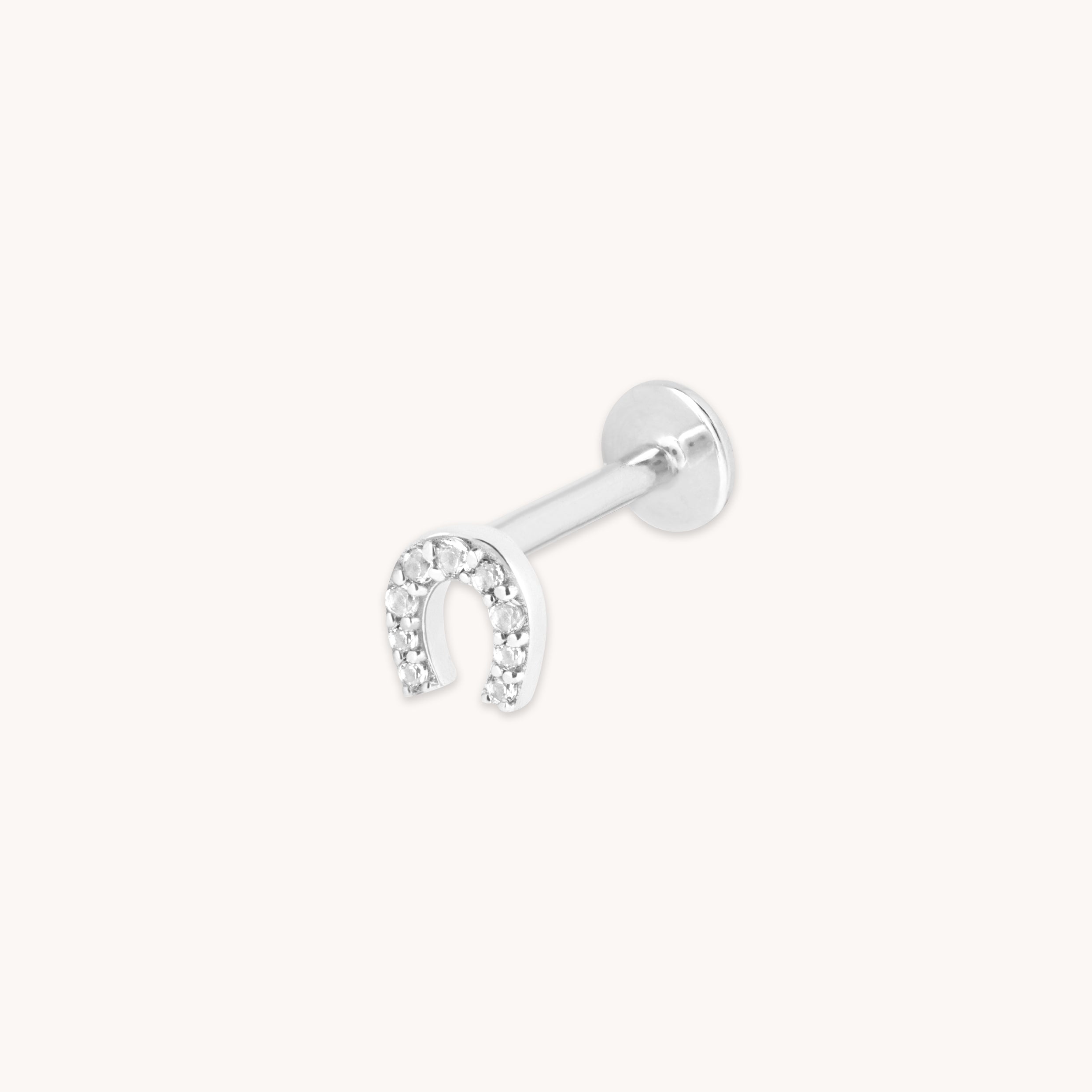 Flat Back Labret Studs - Pavé Horseshoe Piercing Stud in Solid White Gold - Piercing Stud - Astrid & Miyu