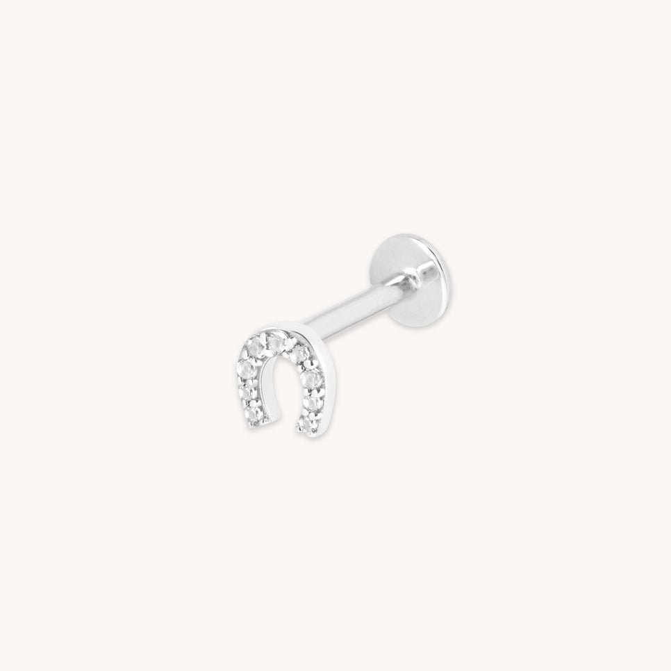 Flat Back Labret Studs - Pavé Horseshoe Piercing Stud in Solid White Gold - Piercing Stud - Astrid & Miyu
