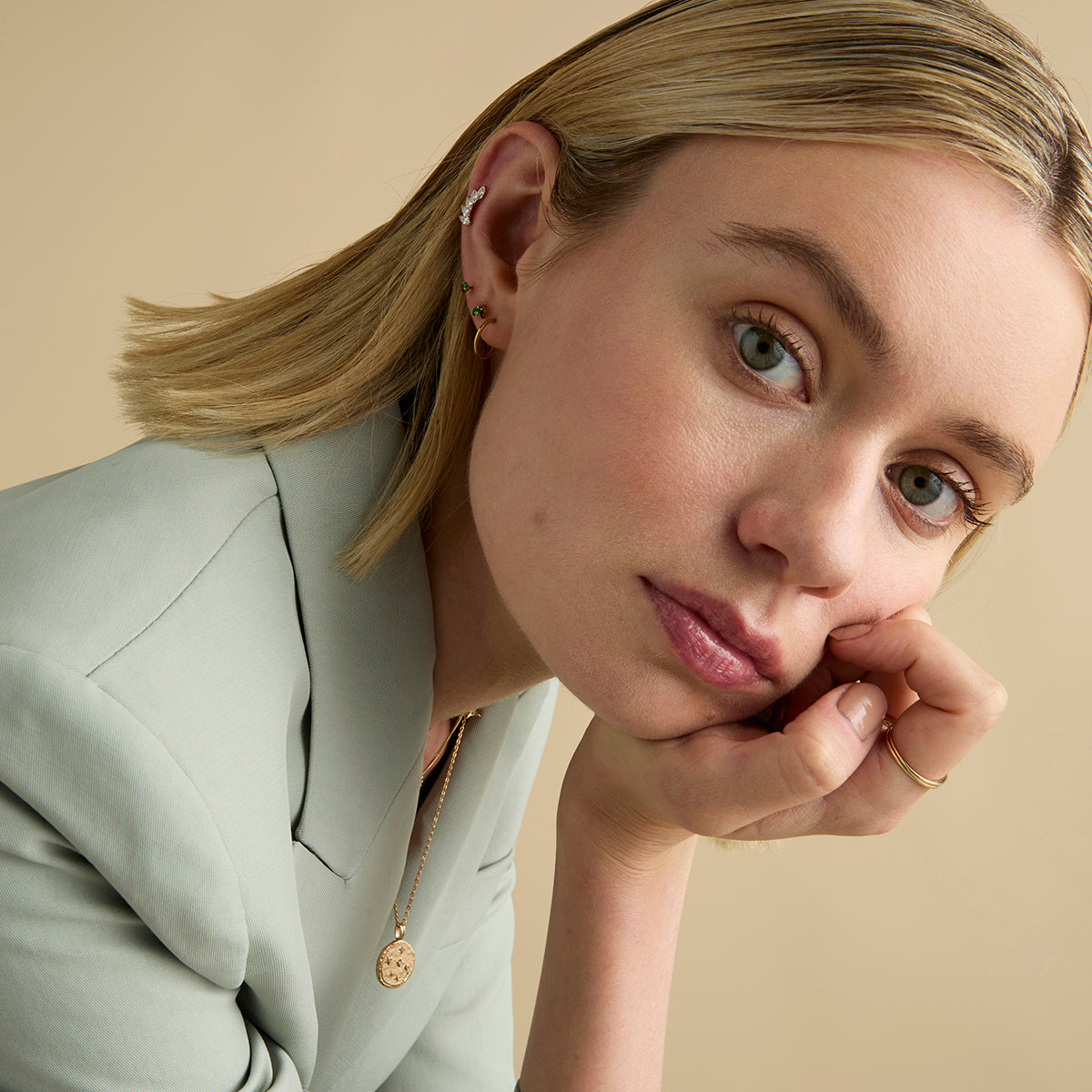 Conch Piercing Jewellery - Green Double Marquise Titanium Piercing Stud in Gold - Piercing Stud - Astrid & Miyu