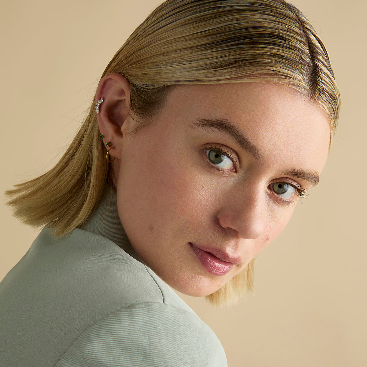 Conch Piercing Jewellery - Green Double Marquise Titanium Piercing Stud in Gold - Piercing Stud - Astrid & Miyu