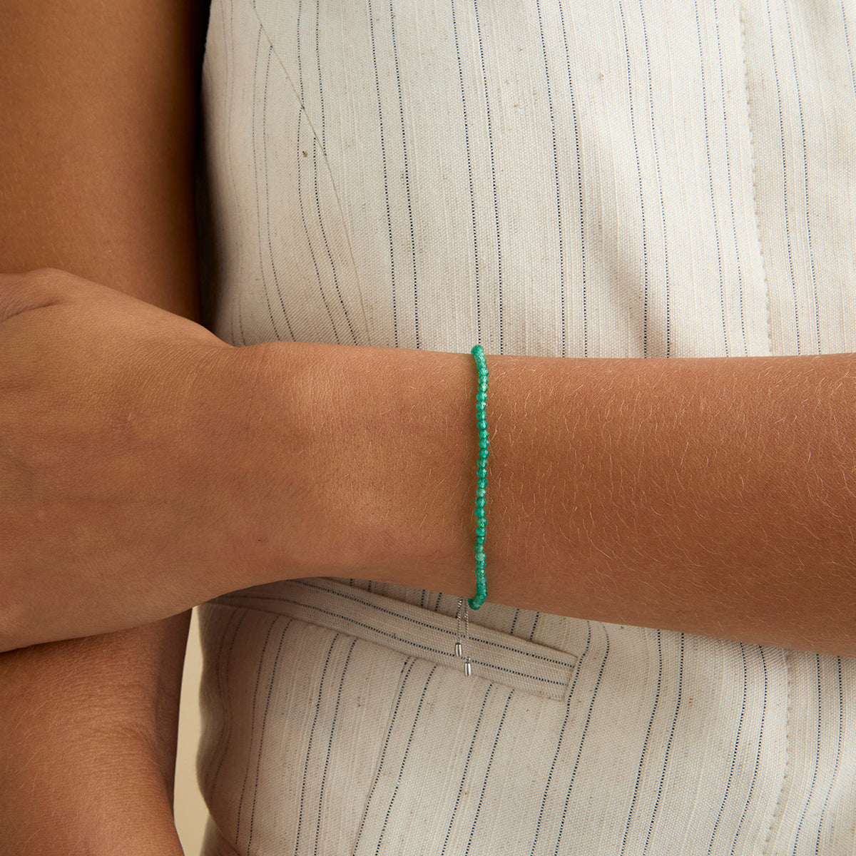 Bracelets - Green Agate Gemstone Bracelet in 9k White Gold - Beaded Bracelet - Astrid & Miyu