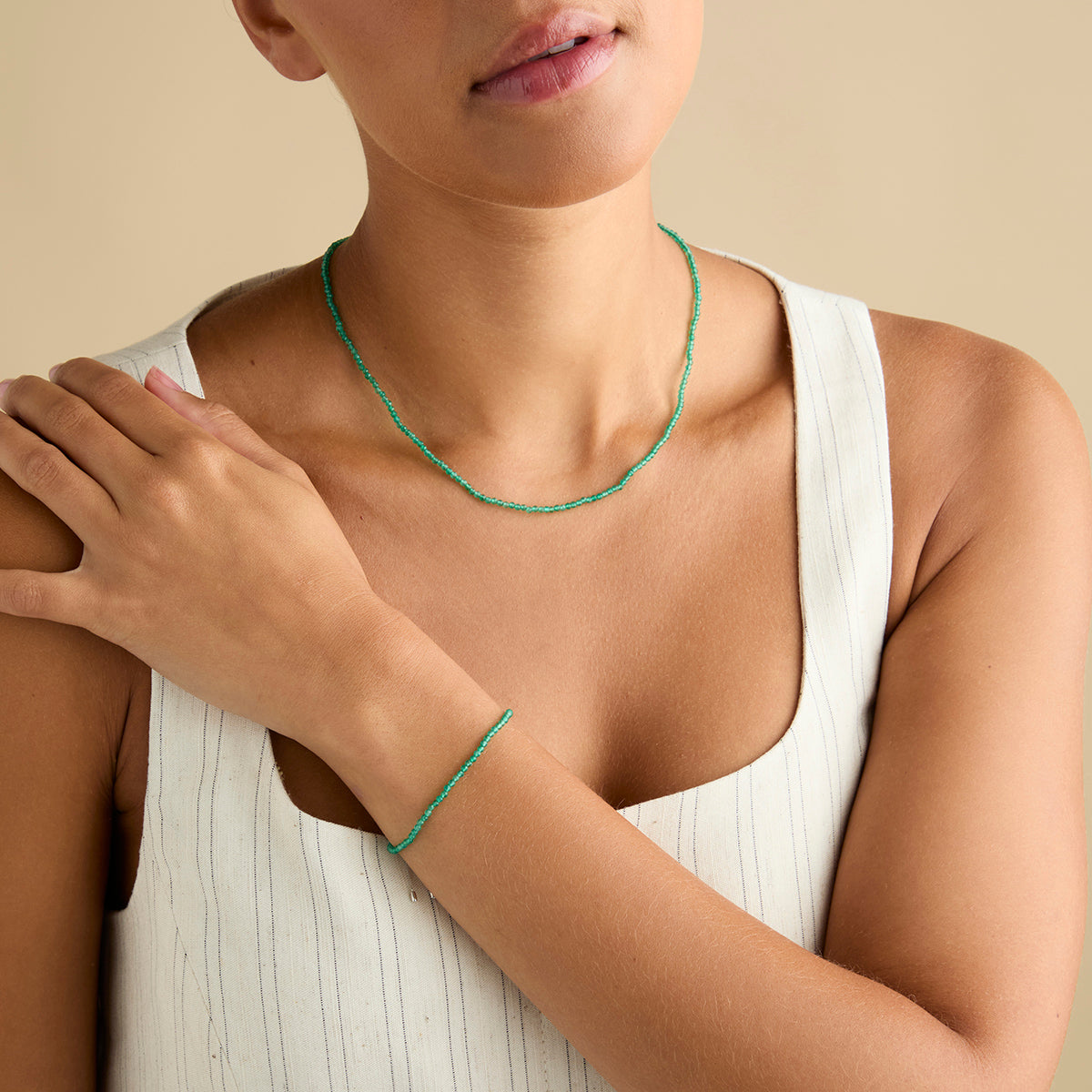 Bracelets - Green Agate Gemstone Bracelet in 9k White Gold - Beaded Bracelet - Astrid & Miyu