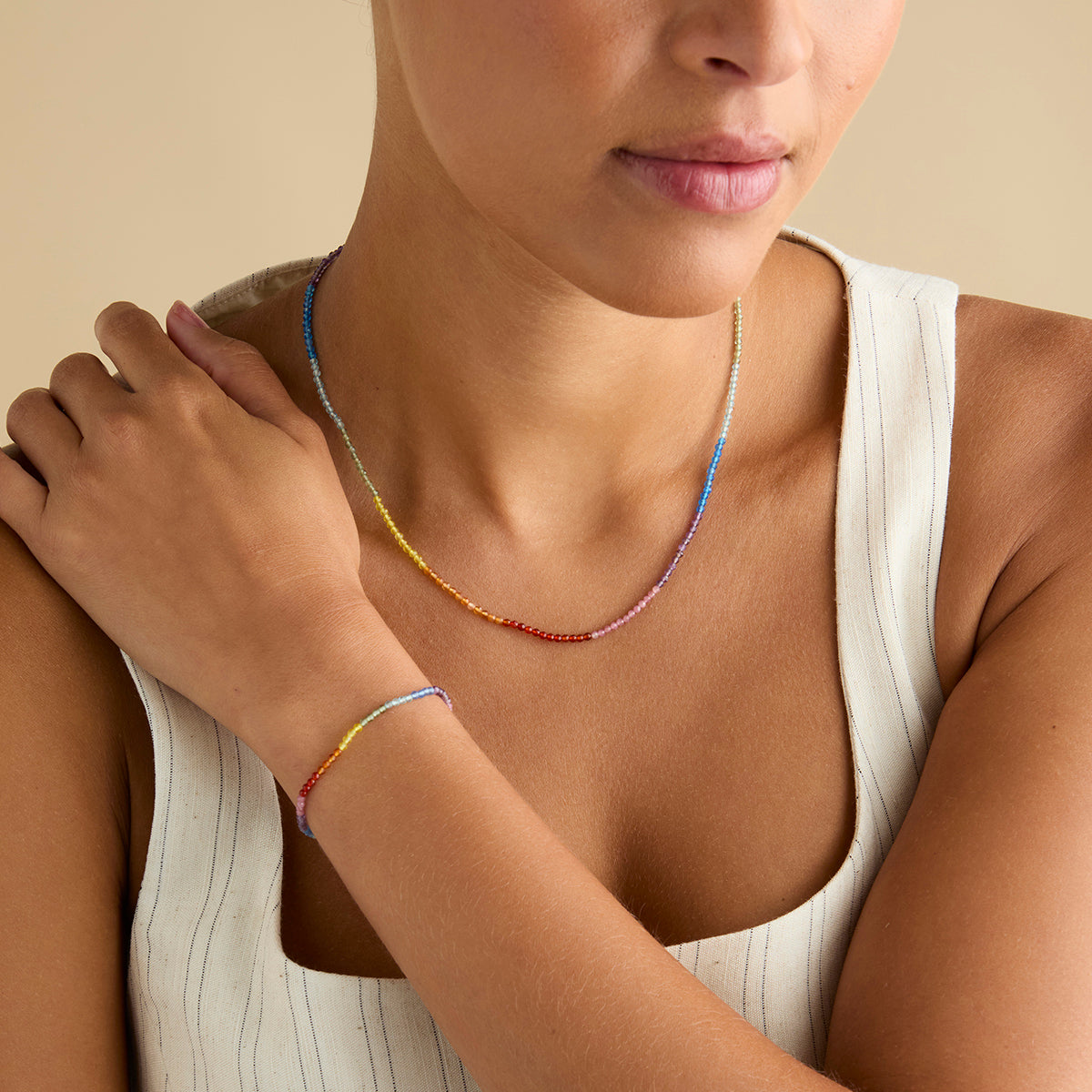 Bracelets - Rainbow Gemstone Bracelet in 9k White Gold - Beaded Bracelet - Astrid & Miyu