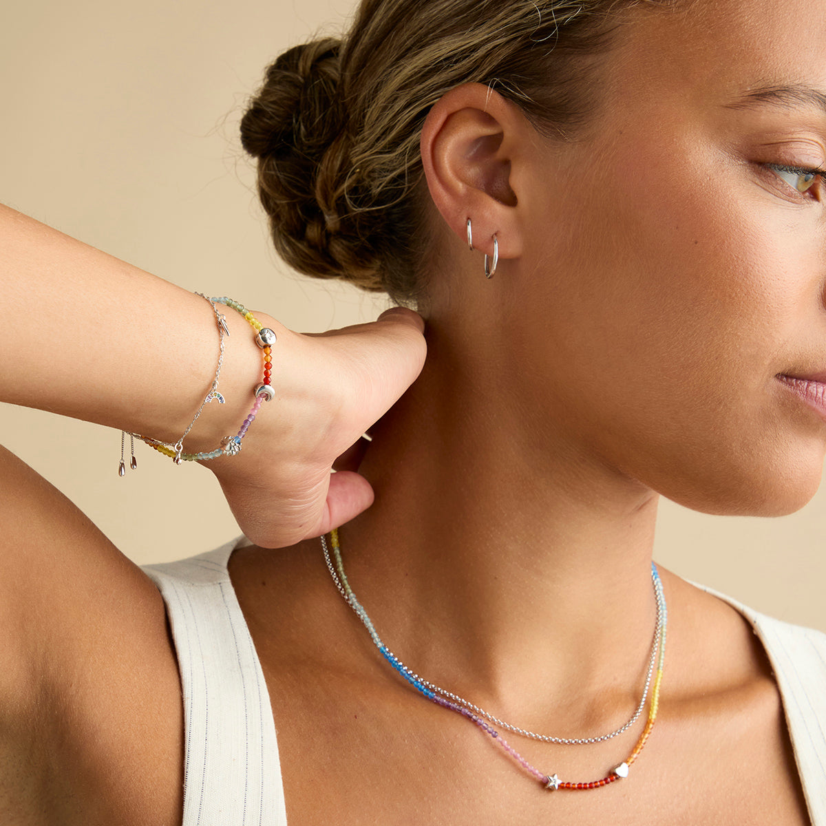 Bracelets - Rainbow Gemstone Bracelet in 9k White Gold - Beaded Bracelet - Astrid & Miyu