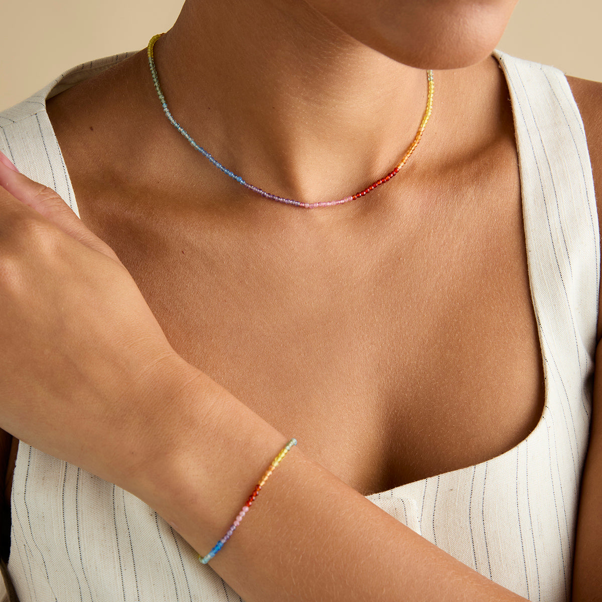 Beaded Jewellery - Rainbow Gemstone Necklace in 9k Gold - Beaded Necklace - Astrid & Miyu