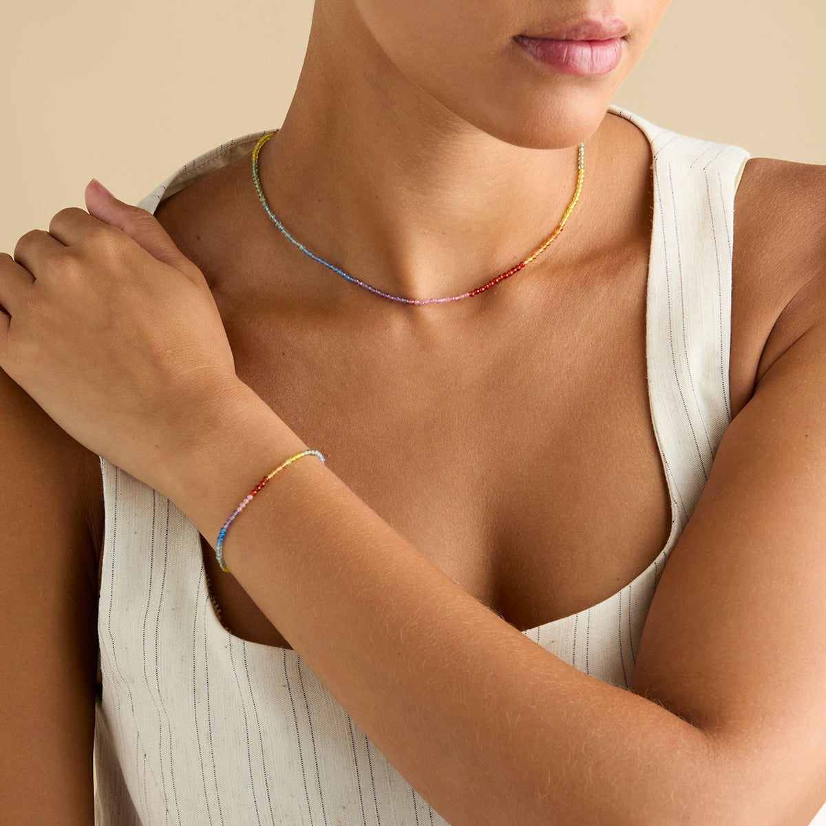 Beaded Jewellery - Rainbow Gemstone Necklace in 9k White Gold - Beaded Necklace - Astrid & Miyu