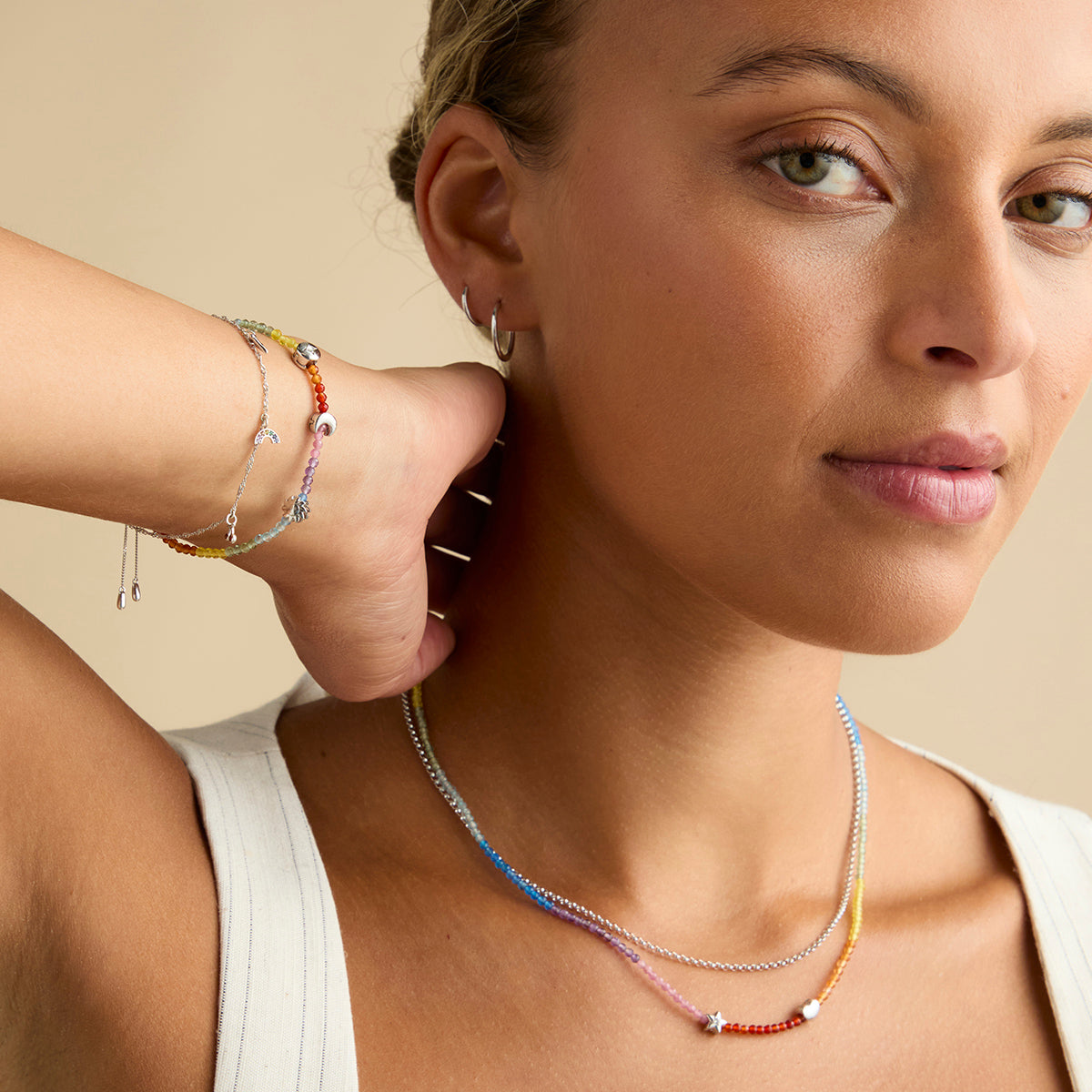 Beaded Jewellery - Rainbow Gemstone Necklace in 9k White Gold - Beaded Necklace - Astrid & Miyu