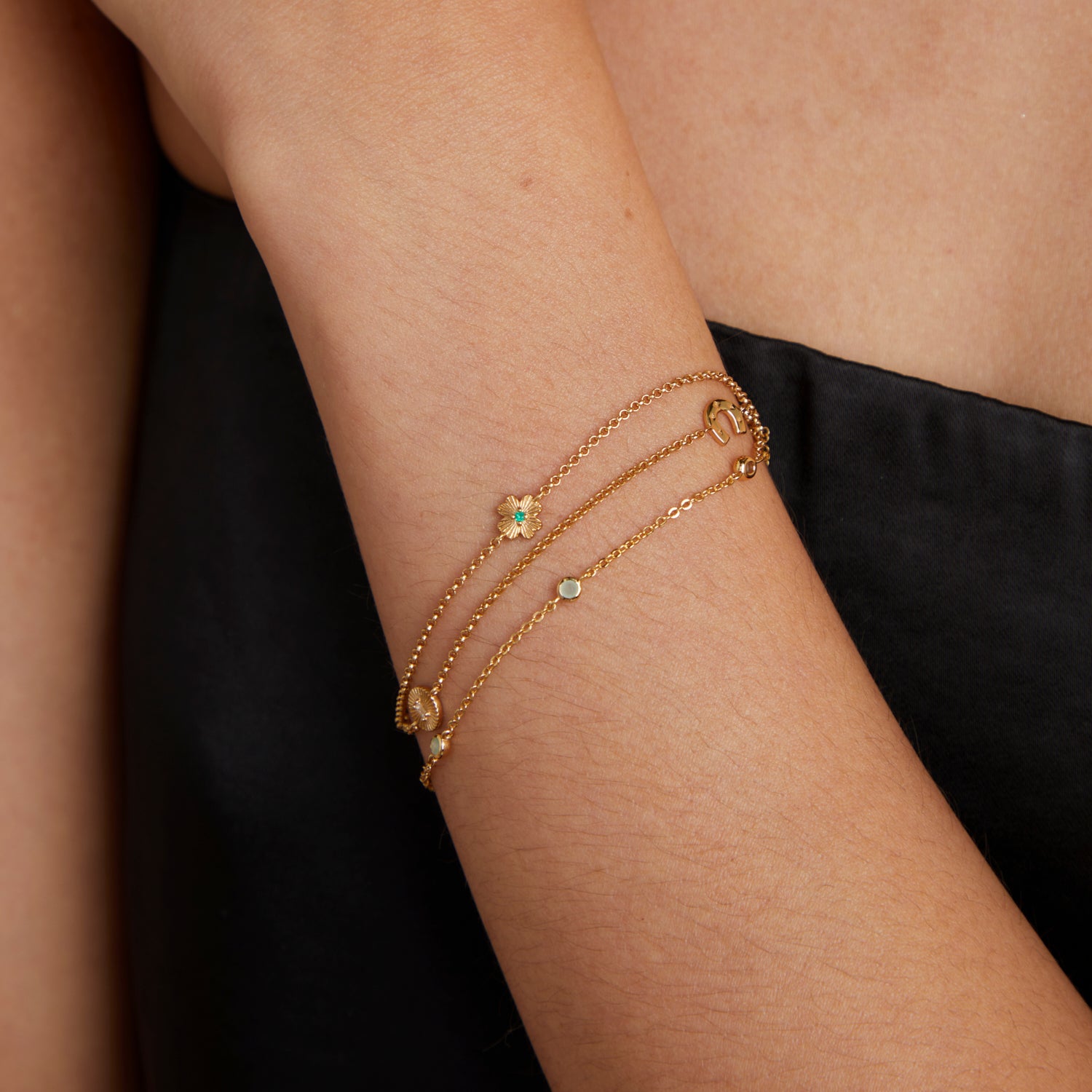 18k Gold Plated Jewellery - Lucky Charm Double Chain Bracelet in Gold - Charm Bracelet - Astrid & Miyu