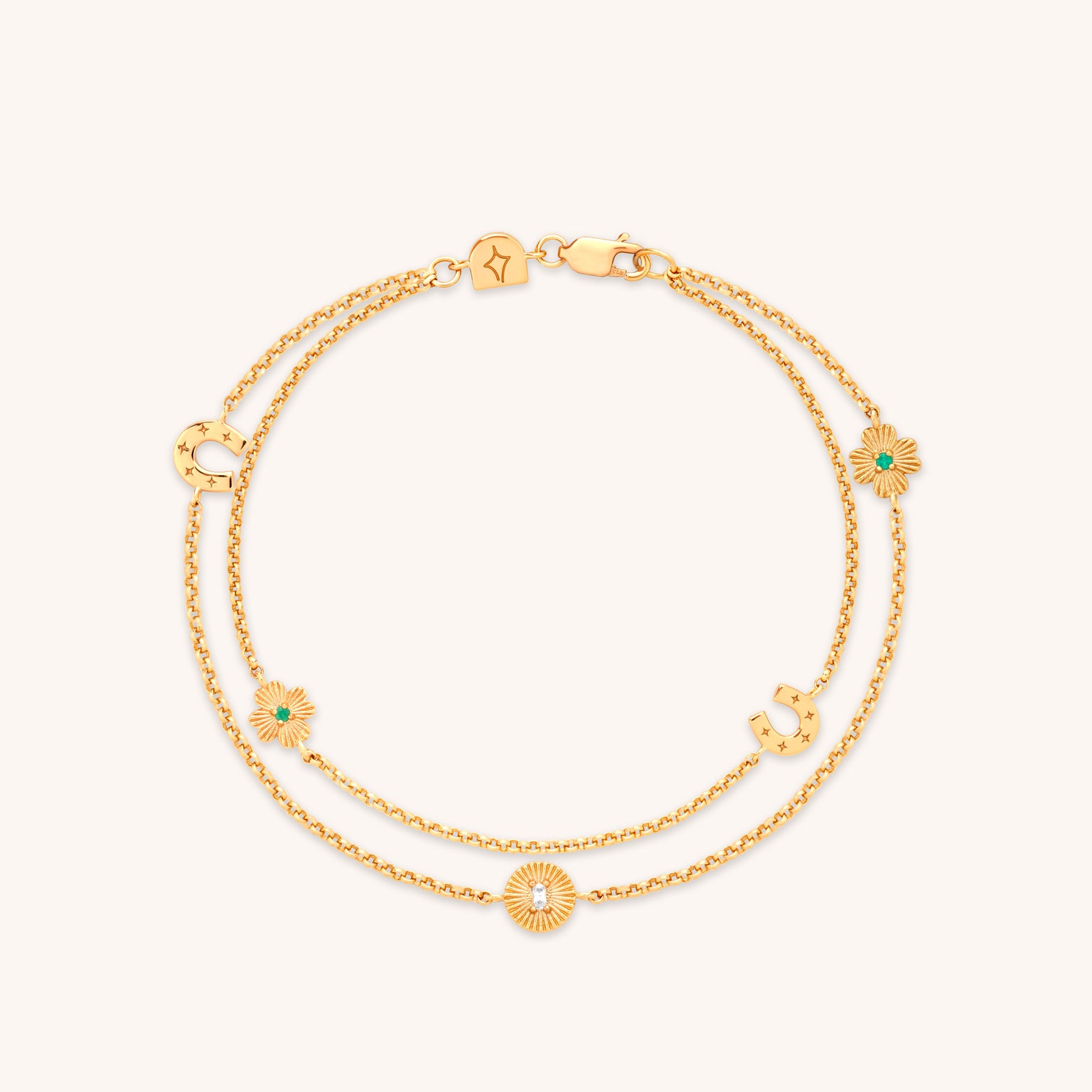 18k Gold Plated Jewellery - Lucky Charm Double Chain Bracelet in Gold - Charm Bracelet - Astrid & Miyu