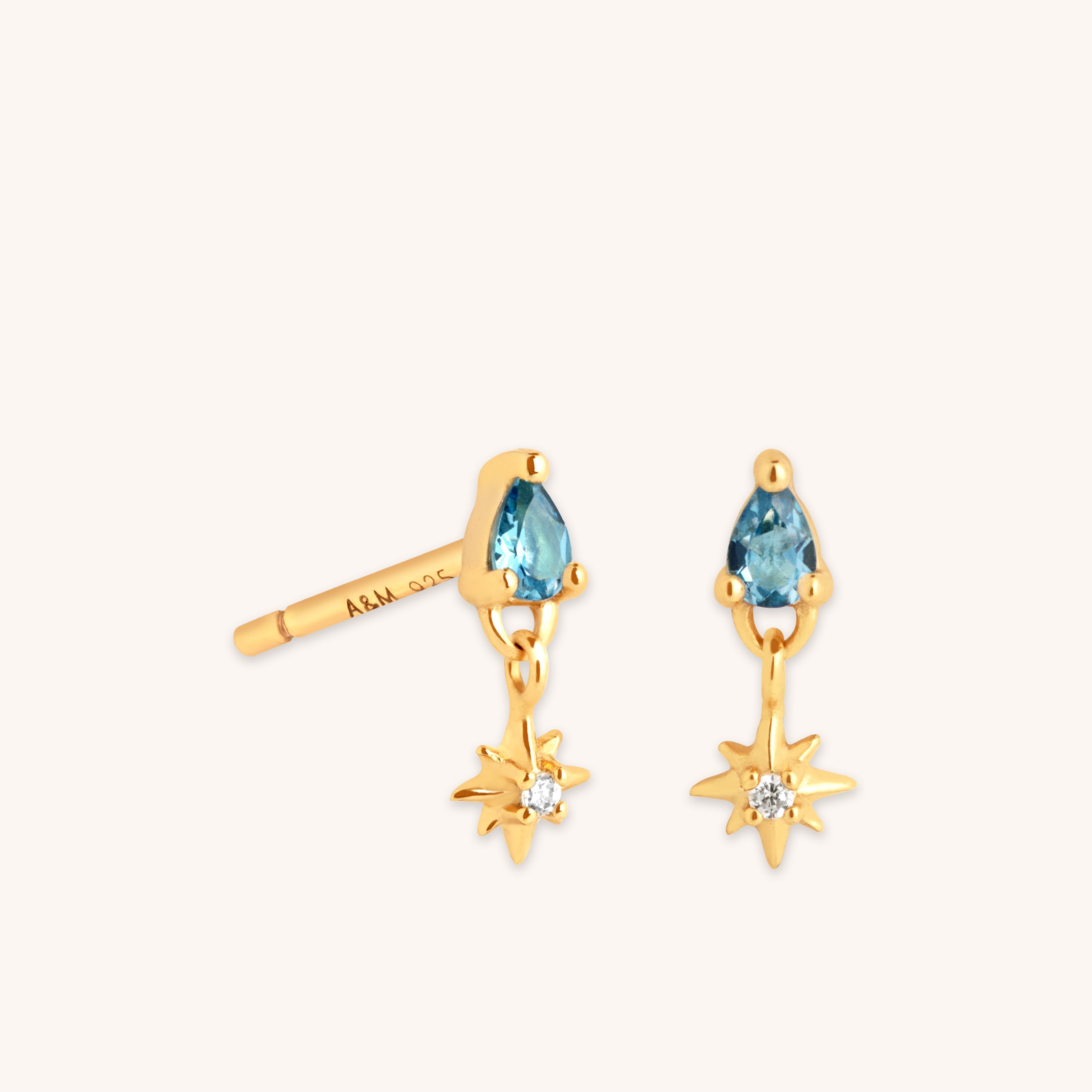 18k Gold Plated Jewellery - Blue Topaz Star Charm Studs in Gold - Stud Earrings - Astrid & Miyu