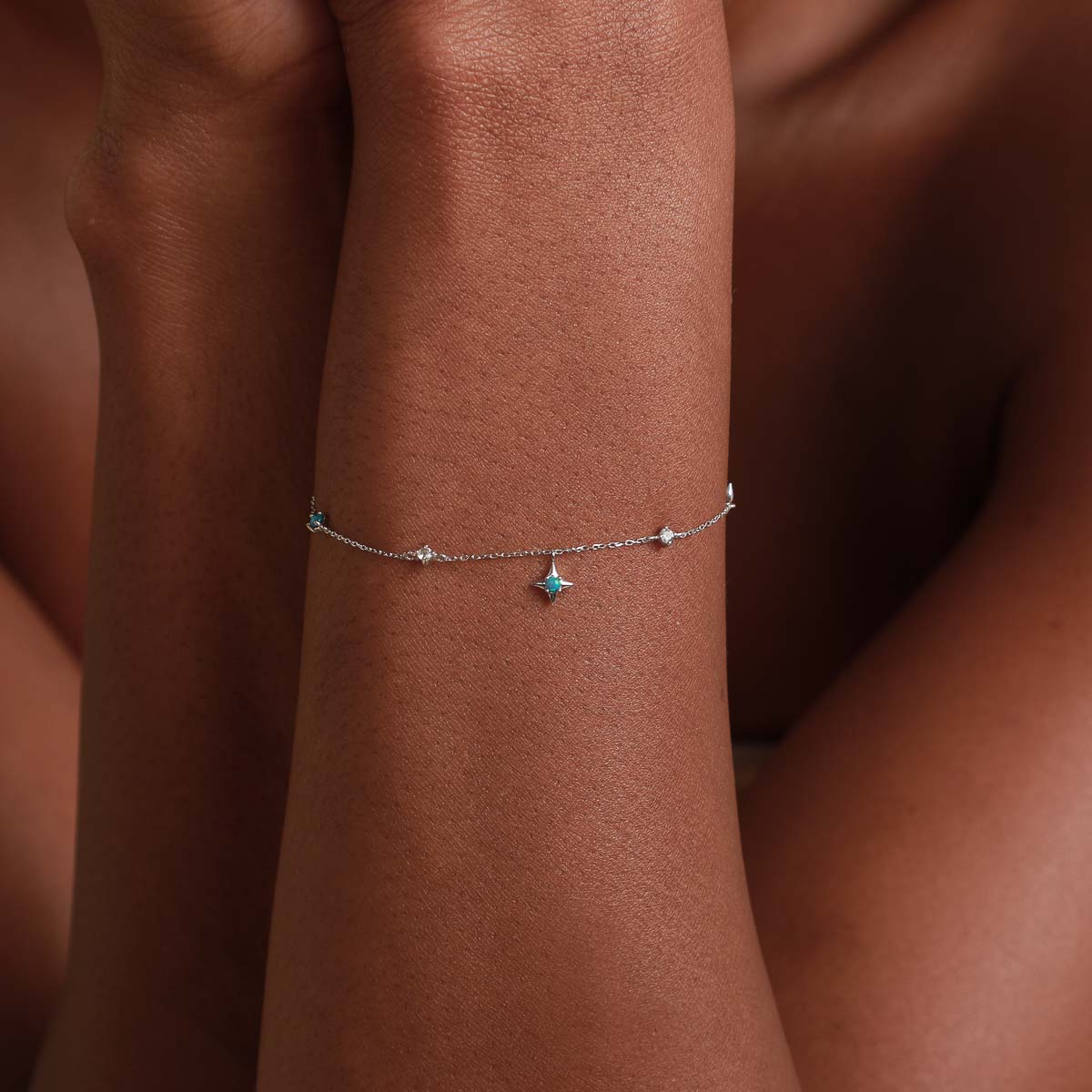14k Gold Opal & Topaz - Cosmic Star Opal Charm Bracelet in Solid White Gold - Charm Bracelet - Astrid & Miyu