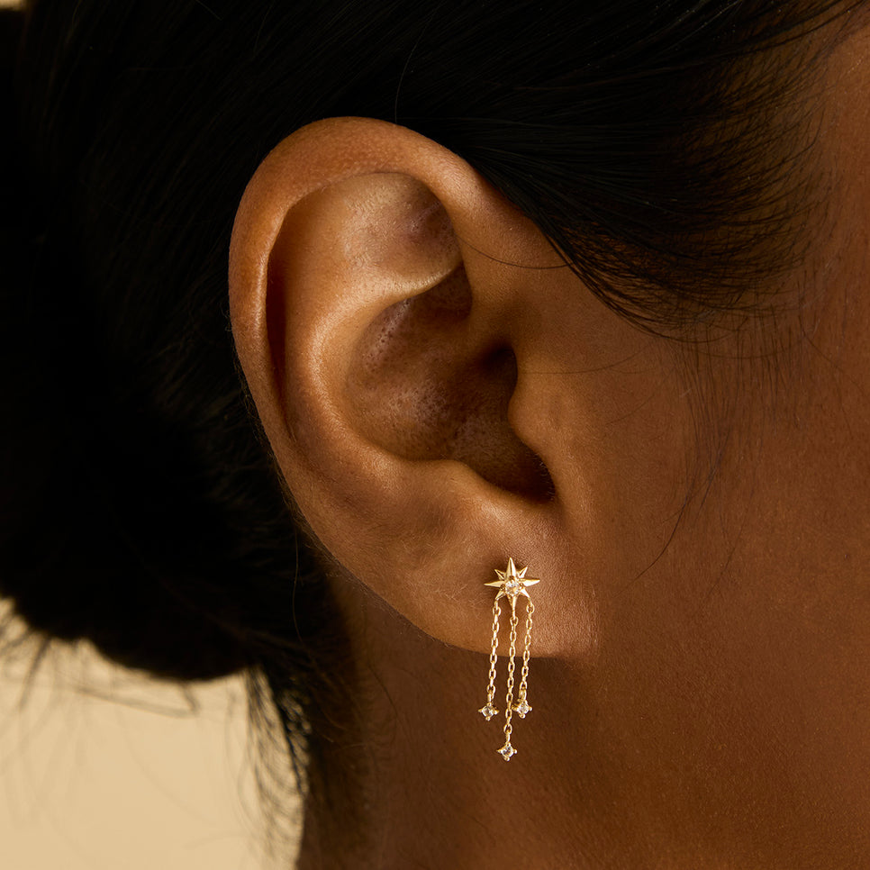 Earrings - Shooting Star Chain Drop Studs in Solid Gold - Stud Earrings - Astrid & Miyu