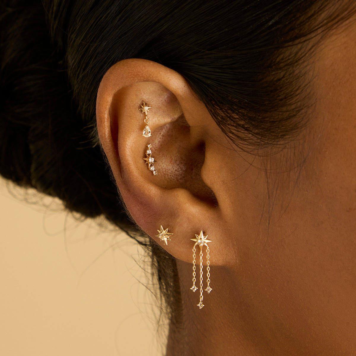 Earrings - Shooting Star Chain Drop Studs in Solid Gold - Stud Earrings - Astrid & Miyu