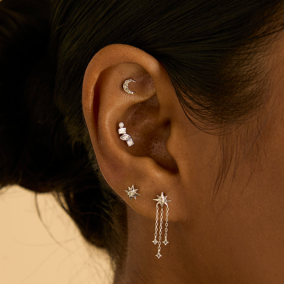 Earrings - Shooting Star Chain Drop Studs in Solid White Gold - Stud Earrings - Astrid & Miyu